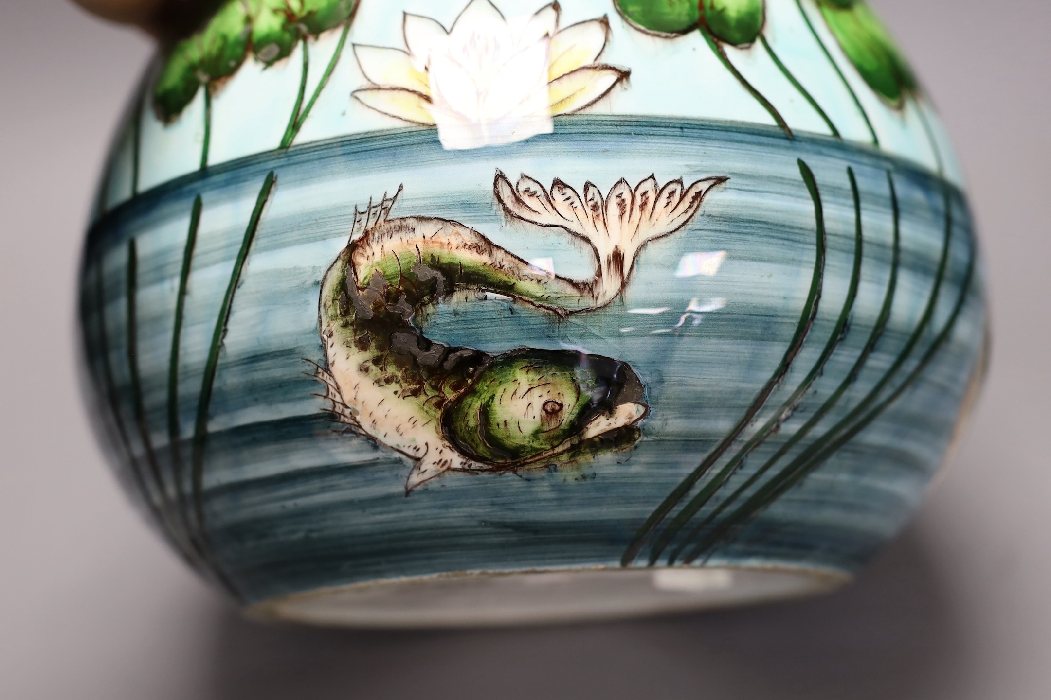 A Julius Dressler two handle ‘lily pond’ pottery vase, 36cm high